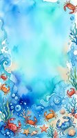 Watercolor ocean frame with crabs, seaweed, bubbles and starfish on blue aquatic background for marine themed designs and summer projects.