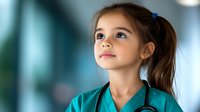Young female medical professional in teal scrubs and stethoscope looking up with hopeful expression against blurred hospital background. Future healthcare concept.