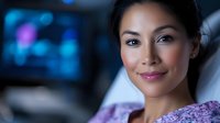 Young Asian woman with dark hair and makeup wearing purple sequined garment, smiling at camera in modern office or tech environment with blue bokeh lights and digital displays in background.