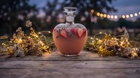 Romantic evening setup with heart-shaped glass bottle and golden fairy lights on wooden surface creating magical atmosphere for love celebration.