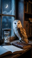 Barn owl perched on old books beside hourglass in moonlit library with starry night sky visible through window for wisdom and knowledge concepts.