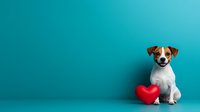 Adorable Jack Russell terrier puppy sitting next to red heart shape on turquoise background. Pet love and care concept for veterinary clinics and animal shelters.
