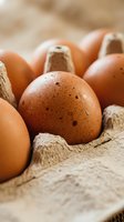 Fresh brown eggs in cardboard carton with speckled shells and natural texture for cooking and baking ingredients in kitchen food photography.