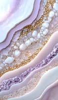 Abstract luxury marble texture with gold glitter, white pearls and purple waves. Fluid art background with shimmering metallic elements and natural stone pattern.