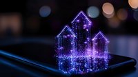 Glowing purple hologram of buildings emerging from smartphone screen with bokeh background, futuristic digital real estate concept for mobile applications.