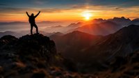 Male hiker celebrating success on mountain peak at sunrise with arms raised, dramatic golden light over layered mountain ranges creating inspirational moment.