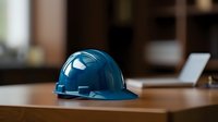 Blue construction hard hat on wooden desk in office setting with blurred background, highlighting workplace safety and professional engineering environment.