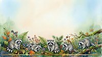 Raccoons with striped tails gather among ferns, berries, and wildflowers in a woodland scene. Watercolor illustration suitable for children's books, nursery decor, and educational materials.