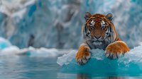 Majestic Bengal tiger resting paws on ice edge near turquoise water, displaying powerful presence against winter backdrop in natural habitat setting.