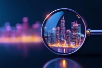 Modern cityscape with illuminated skyscrapers viewed through magnifying glass against blurred urban background, creating dramatic perspective and reflection effect.