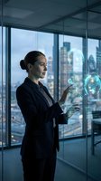 Professional businesswoman interacting with futuristic holographic interface in modern office with city skyline view for technology presentations.