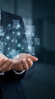 Businessman hands presenting digital security verification network with glowing certificates and padlock icons for cybersecurity and data protection concepts.