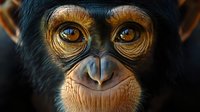 Close-up portrait of young chimpanzee face showing expressive eyes and gentle smile, dramatic lighting highlights facial features against dark background.