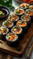 Fresh vegetable sushi rolls with colorful fillings of cucumber, carrot, and red pepper, garnished with sesame seeds and herbs on wooden serving board.