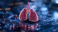 Glowing digital lungs on circuit board background with red light network connections representing artificial intelligence in healthcare and medical technology.