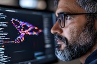Middle-aged Indian male developer with glasses and salt-pepper beard analyzing DNA sequence visualization on computer screen in dark office environment.