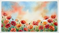 Watercolor poppy field with vibrant red and orange blooms against a soft pastel sky, copy space for text, greeting card or wall art.