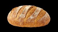 Artisan sourdough loaf with scored crust and flour dusting, isolated on transparent background. Ready for bakery designs, food packaging, menus, t-shirts, and print-on-demand products.