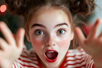 Surprised young girl with wide eyes and open mouth reaching hands toward camera in festive Christmas setting with holiday decorations and warm lighting.