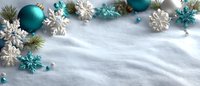 Festive winter border with turquoise ornaments, white snowflakes, and pine branches on snow background for holiday designs.