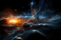 Dramatic cosmic landscape with glowing orange nebula and blue stellar clouds against dark space background, featuring luminous stars and swirling gas formations.