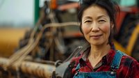 Confident Asian female farmer in plaid shirt and denim overalls smiling at camera with agricultural machinery in background, representing modern agriculture.