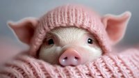 Adorable baby pig wearing pink knitted hat peeking through cozy wool blanket, close-up portrait on soft blurred background. For greeting cards and social media.