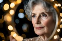 Elegant senior Caucasian woman with silver hair and natural makeup against blurred golden bokeh lights background wearing sequined evening attire, side profile portrait.
