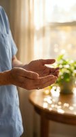 Senior woman cupped hands receiving morning sunlight in cozy home interior with soft natural lighting and warm atmosphere for wellness concepts.