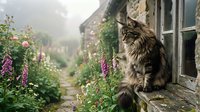 Fluffy tabby cat sitting on rustic wooden windowsill surrounded by colorful cottage garden flowers in soft morning light creating peaceful countryside atmosphere.