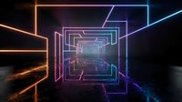 Futuristic neon tunnel with glowing geometric frames in purple, blue and orange colors creating depth perspective on dark background for digital art.