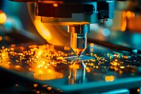 Macro shot of electronic circuit board manufacturing process with automated soldering equipment in orange and blue tones showing industrial technology advancement.
