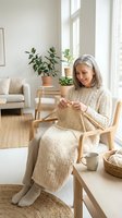 Mature woman with gray hair, Caucasian ethnicity, knitting a beige sweater while seated in a wooden chair by a bright window in a minimalist living room with potted plants and natural light.
