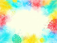 Tropical summer frame with colorful watercolor splashes, palm leaves and monstera plants creating bright border for vacation designs and text space.