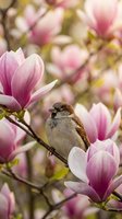 Sparrow perched on a branch among blooming pink magnolia flowers in spring, soft bokeh background, nature wildlife scene.