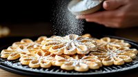 Powdered sugar being dusted over freshly cooked waffles on a plate, ideal for bakery, food photography, and culinary content.