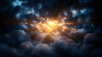 Dramatic sunlight breaking through dark storm clouds with golden rays piercing dramatic cloudscape, creating atmospheric spiritual sky background.