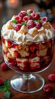 Layered raspberry trifle dessert in glass bowl with fresh berries, whipped cream, cake pieces and fruit sauce, garnished with mint leaves and powdered sugar.
