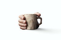 Hand holding rustic wooden mug with textured bark-like exterior and minimalist handle against white background, perfect for eco-friendly product showcase.