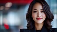 Young Asian businesswoman with confident smile wearing black blazer against blurred office background, professional corporate headshot portrait.
