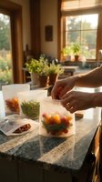 Close-up of hands organizing colorful vegetables in clear storage containers on granite countertop with sunny kitchen windows and potted plants in background.