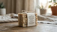 Handmade soap bars wrapped in kraft paper with twine bow on wooden surface, natural skincare product packaging for retail, wellness, and beauty branding purposes.