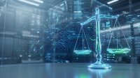 Digital justice scales with circuit board patterns and glowing technology elements representing legal tech, AI law, cyber regulations and digital rights balance.