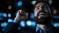 Successful businessman celebrating victory with raised fist against city lights background at night showing triumph and achievement in corporate environment.