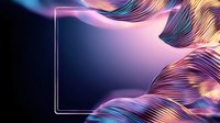 Glowing neon frame surrounded by luminous feather-like shapes in purple, pink and gold colors on dark background creates magical atmosphere.