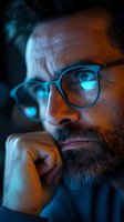 Close-up portrait of bearded man in glasses illuminated by dramatic blue and orange light, thoughtful expression with hand near face, modern professional look.