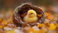 Adorable yellow duckling sitting in woven nest surrounded by autumn leaves on blurred background. Spring wildlife concept for Easter greeting cards.