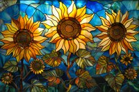 Beautiful stained glass artwork featuring vibrant sunflowers against deep blue sky background, perfect for home decor, interior design, or artistic inspiration. Decorative floral mosaic pattern.