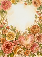 Vintage watercolor floral frame with roses, peonies, and a decorative heart, warm peach tones, copy space for greeting cards and invitations.