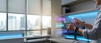 Businessman in office holding tablet with holographic data visualization interface displaying analytics and digital information.
